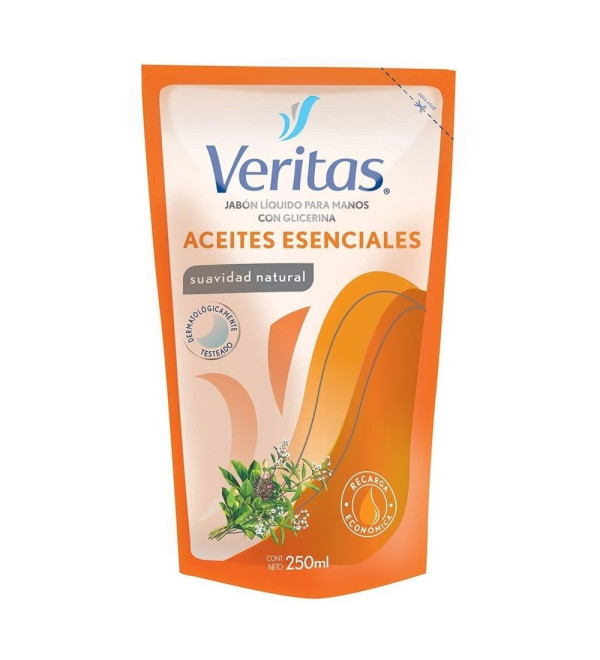 Veritas jabón líquido aceite esenciales  suavidad natural repuesto x 250 ml.