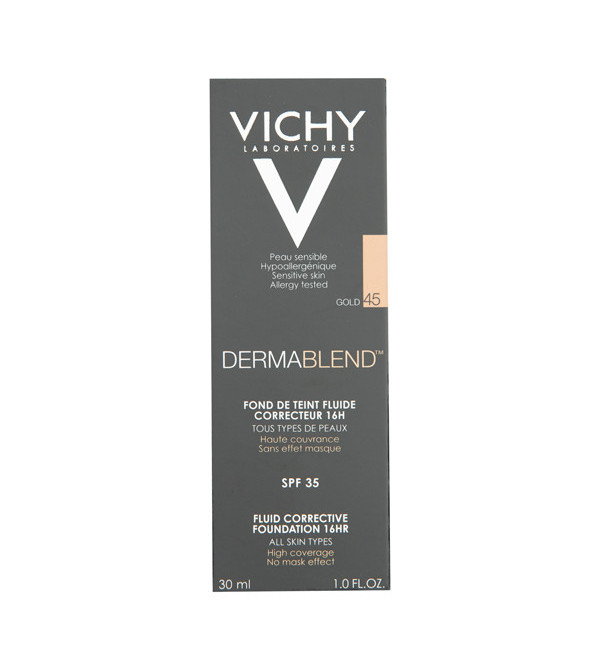 Vichy dermablend base fluída correctora, alta cobertura durante 16 hs + hidratación, tono gold 045 x 30 ml.