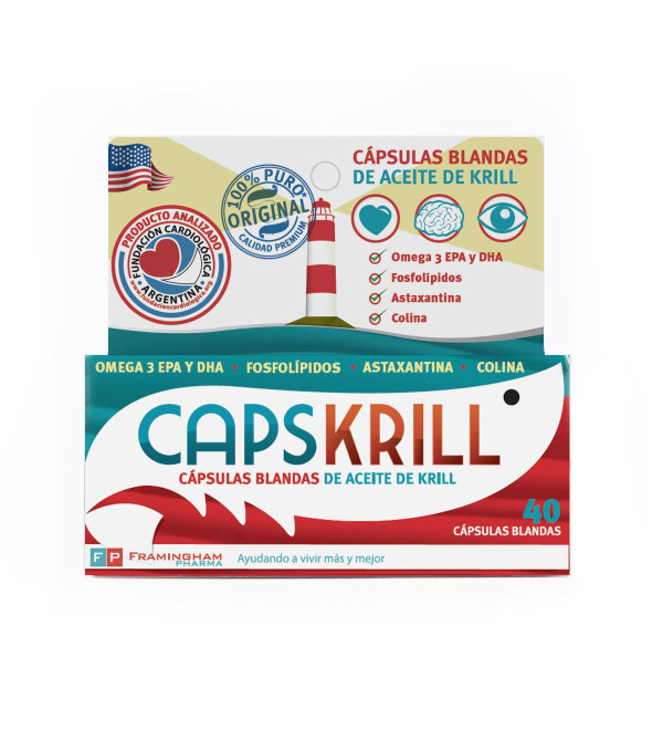 Capskrill, complemento rico en omega 3, elaborado a base del aceite de krill 100% puro x 40 cápsulas blandas.