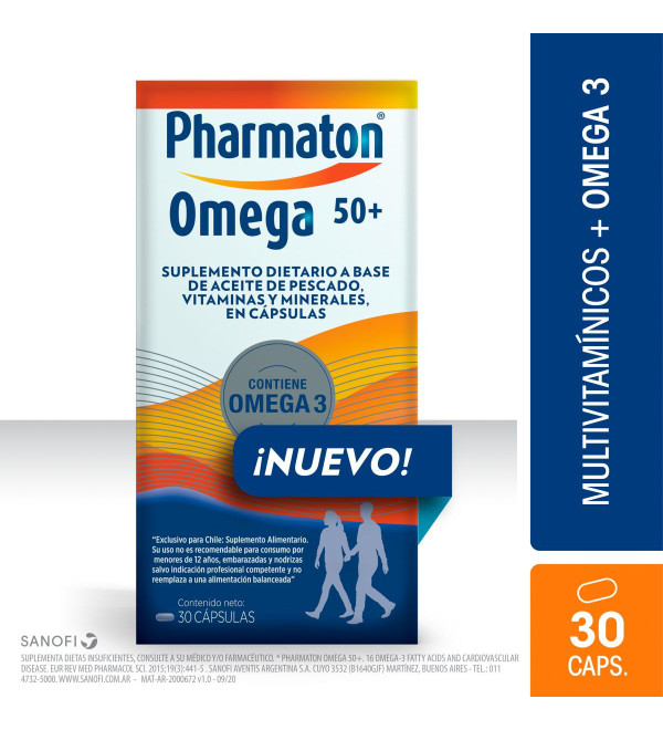 Pharmaton 50 + omega 3, suplemento dietario a base de aceite de pescado, vitaminas y minerales x 30 cápsulas.