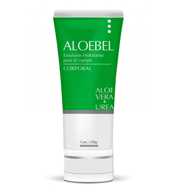 Aloebel emulsión hidratante corporal, humectante liviana y suave enriquecida con urea y aloe vera x 200 ml.