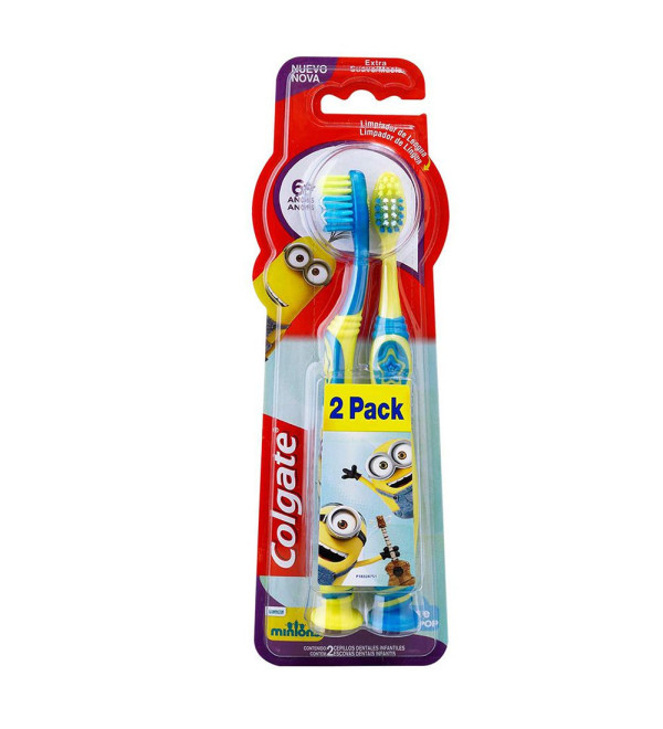 Colgate cepillo dental minions, cerdas con diferentes alturas para limpiar los dientes, para niños de +6 años x 2 unidades.