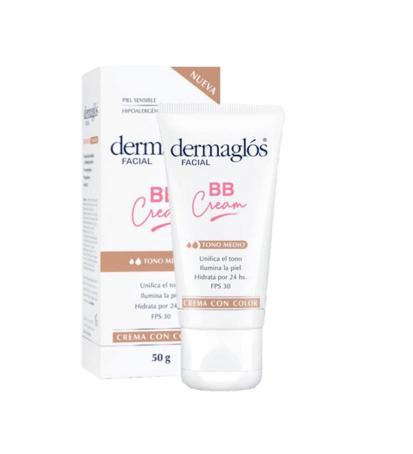 Dermaglos bb cream crema color con factor 30 tono medio, hidratación por 24 horas, unifica el tono, ilumina y protege la piel.