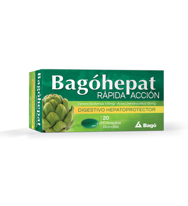 Bagohepat digestivo y protector hepático, rápida acción en cápsulas blandas x 20.
