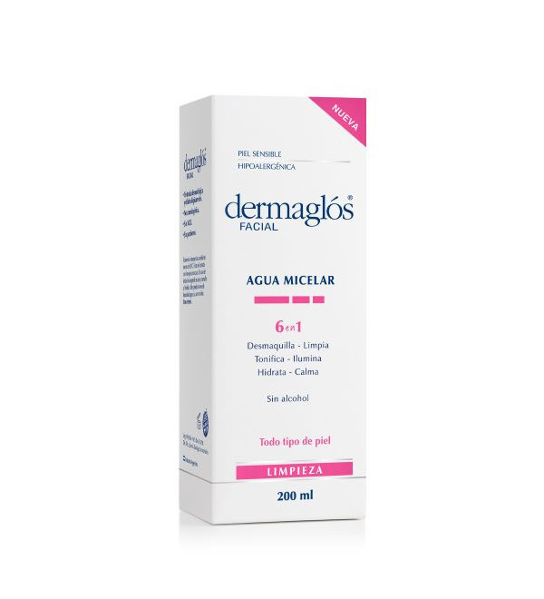 Dermaglos agua micelar, limpieza en un solo paso, desmaquilla, limpia, tonifica, ilumina, hidrata y calma x 200 ml.