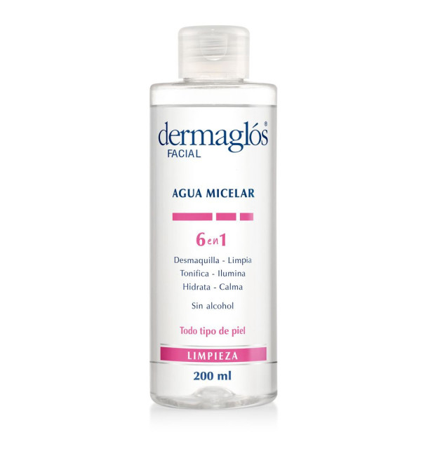 Dermaglos agua micelar, limpieza en un solo paso, desmaquilla, limpia, tonifica, ilumina, hidrata y calma x 200 ml.