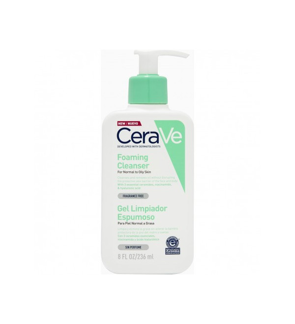 Cerave gel limpiador espumoso, elimina el exceso de sebo restaurando la barrera protectora de la piel x 236ml.