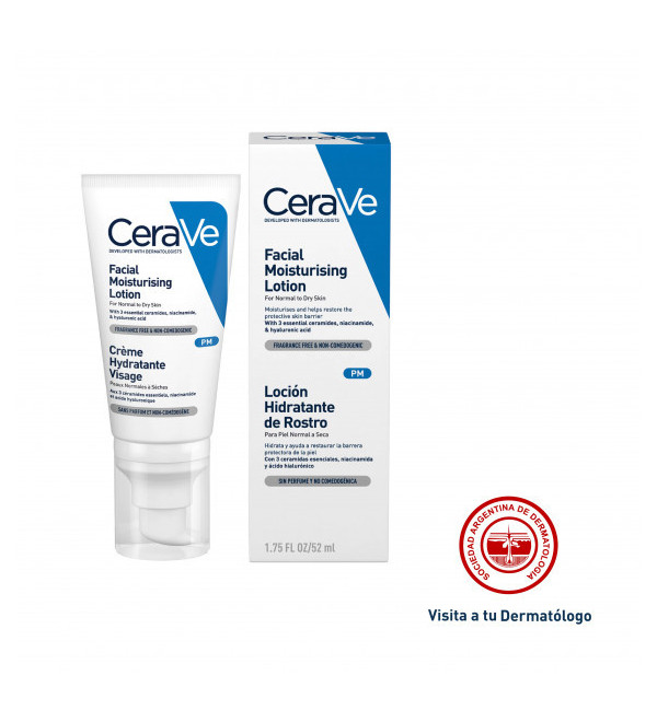 Cerave loción hidratante para rostro, contiene 3 ceramidas esenciales, niacinamida y ácido hialurónico x 52 ml.