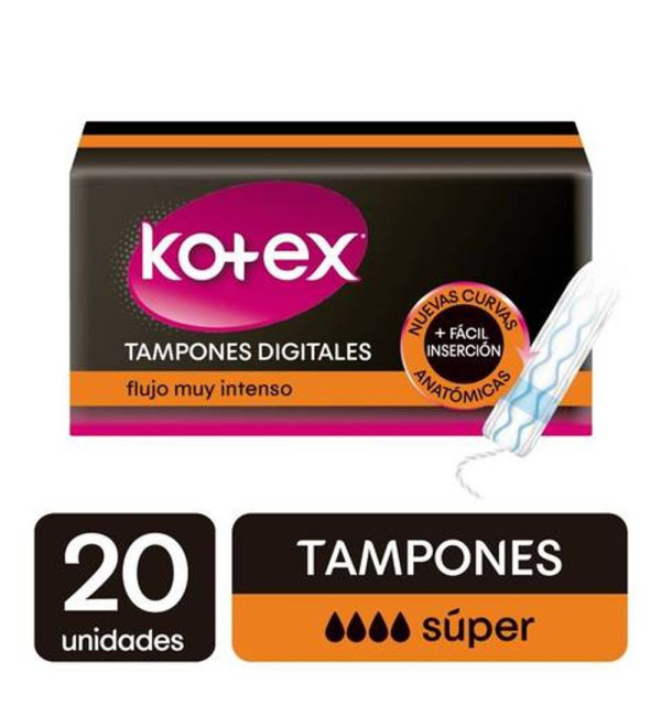 Kotex tampones medio, flujo muy intenso, tecnología blue protection con fibras absorbentes x 20 unidades.
