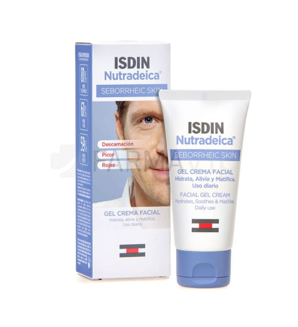 Isdin nutradeica gel crema facial hidrata, alivia y matifica de uso diario x 50 gr. ayuda a la descamacion, picor y rojez.