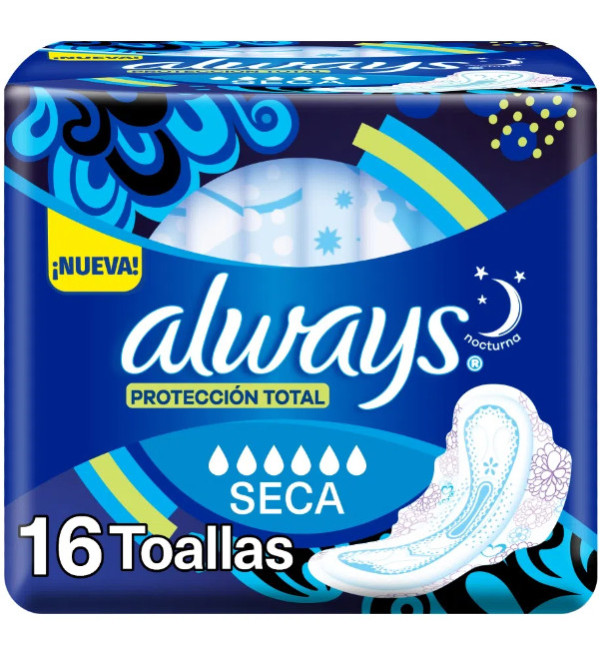 Always toallas femeninas nocturnas con máxima protección con alas x 16 unidades.