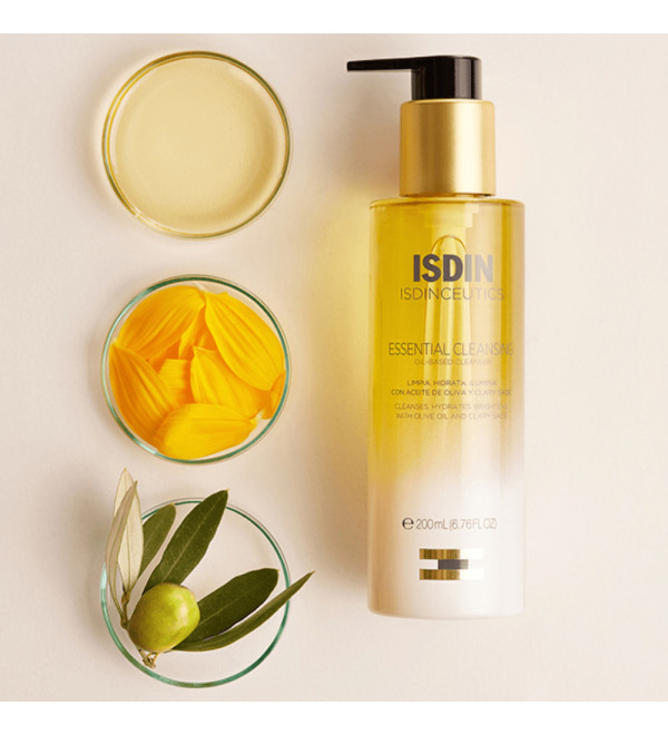 Isdinceutics essential clean aceite limpiador facial, limpia y elimina eficazmente exceso de sebo y maquillaje x 200 ml.