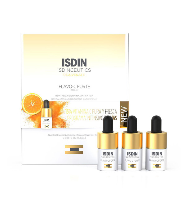 Isdin Isdinceutics Flavo-C Forte, potente sérum facial intensivo, 15% de vitamina C, revitaliza e ilumina la piel 3 x 5,3 ml.