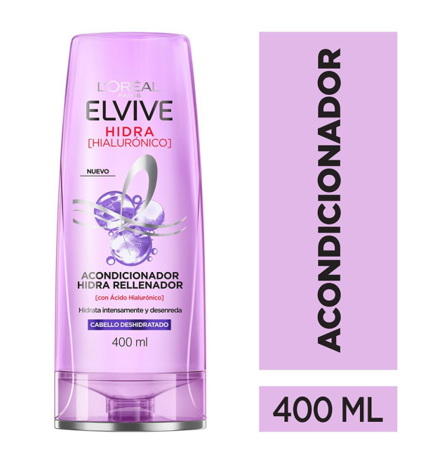 Elvive acondicionador hidra rellenador con ácido hialurónico, hidratación intensa, ideal para cabellos deshidratados x 400 ml.