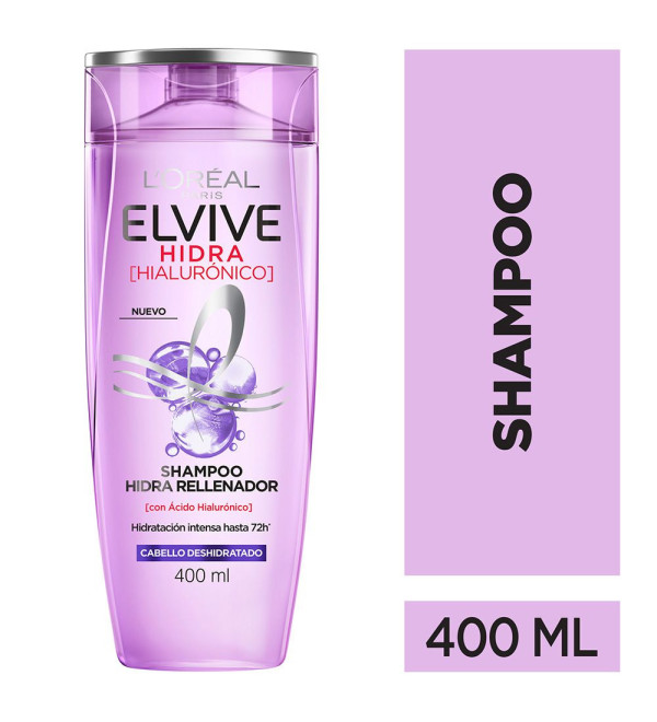 Elvive shampoo hidra rellenador con ácido hialurónico, hidratación intensa, ideal para cabellos deshidratados x 400 ml.