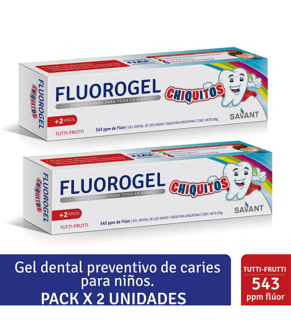 Fluorogel chiquitos  pasta dental en gel para niños + de 2 años, sabor tutti frutti. x 60 gr 2X1
