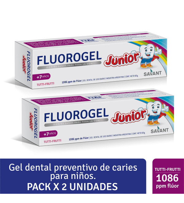 Fluorogel junior pasta dental para niños + de 7 años, sabor tutti frutti 2x1.
