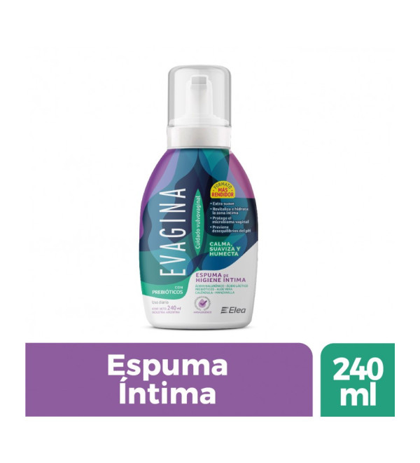 Evagina espuma de higiene íntima, que combina ácido hialurónico para hidratar cuando hay sequedad vaginal  x 240 ml.