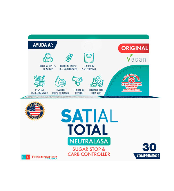 Satial total con neutralasa,  ayuda complementando en los tratamientos de descenso y control de peso comprimidos x 30.