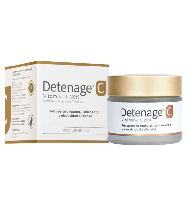 Detenage twist off vitamina c 20%, aporta textura luminosidad y elasticidad a la piel X 30 cápsulas.