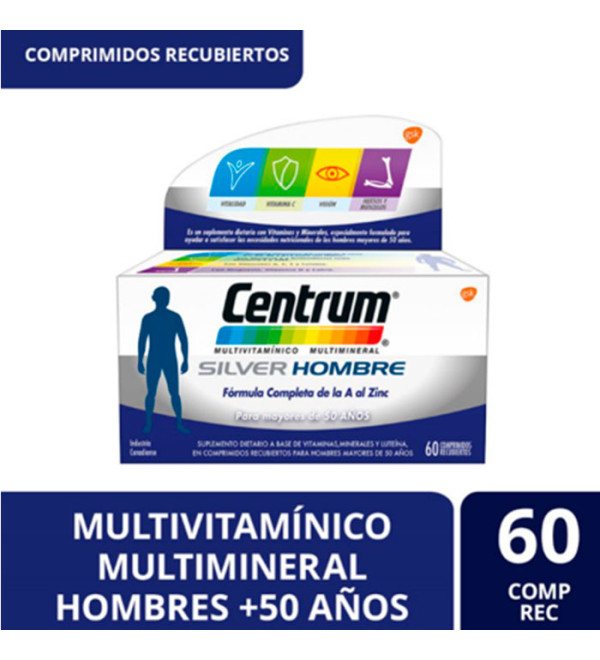 Centrum multivitamínico silver hombre, recomendado para mayores de 50 años  x 60 comprimidos.