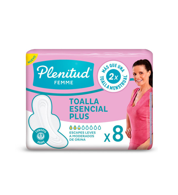 Plenitud femme toallas esenciales para escapes leves a moderados de orina, con control de olores x 8 unidades.