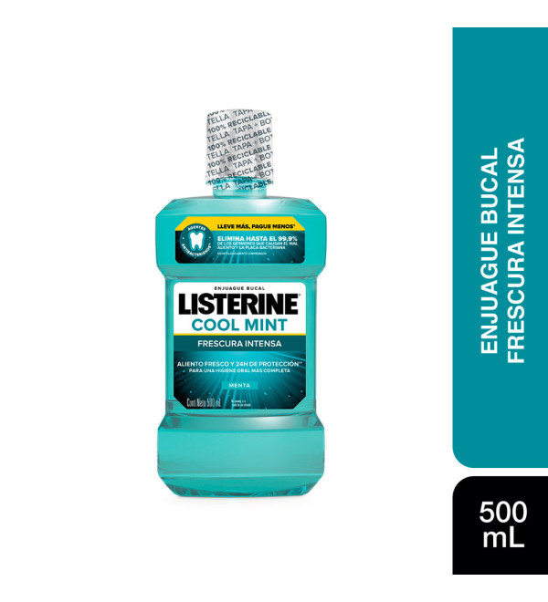 Listerine enjuague bucal cool mint frescura intensa x500ml.