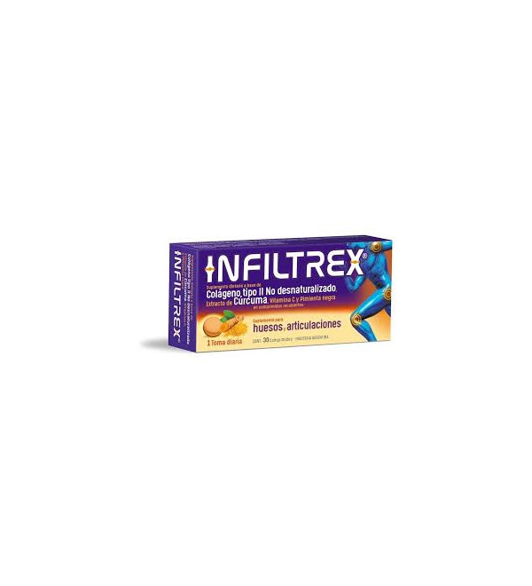 Infiltrex, colágeno tipo II no desnaturalizado, cúrcuma, vitamina c y pimienta negra, para huesos y articulaciones x 30 com.