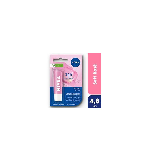 Nivea protector labial soft rose mantiene los labios humectados por 24 hs gracias a su fórmula con extracto de flor de rosa.