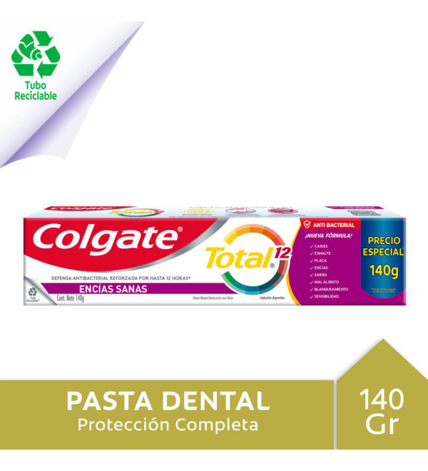 Colgate total 12 pasta dental encias reforzadas, 12 horas de defensa activa contra las bacterias x 140ml.