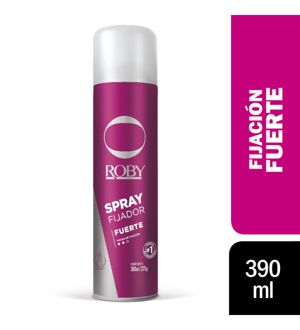 Roby by fijador fuerte, tu peinado dura por mucho más tiempo, secado rápido, no moja, reduce el frizz, brillo natural x390ml.