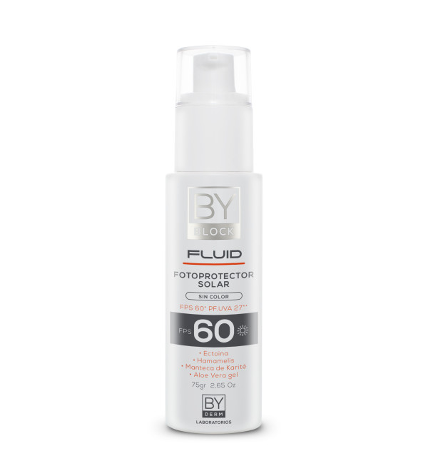 By she - by derm by block solar fluído spf 60, para pieles sensibles con tendencia a la pigmentación x 75 grs.