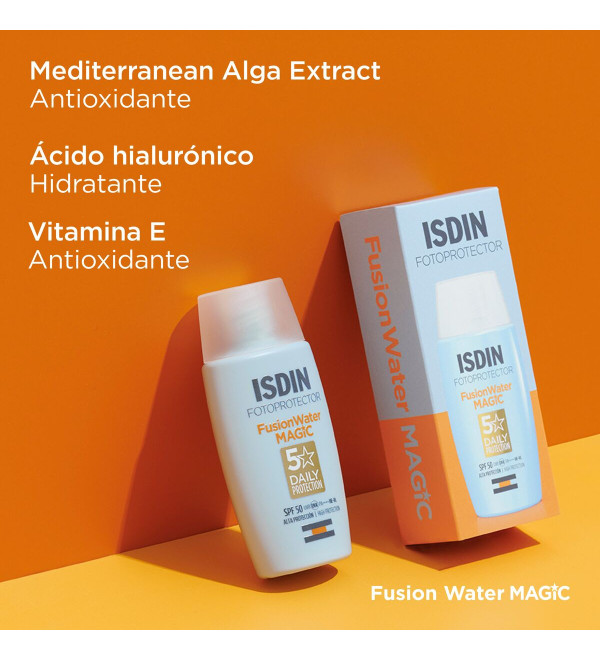 Isdin fotoprotector fusion water magic 5 stars factor 50+, para todo tipo de pieles, absorción inmediata, x 50 ml