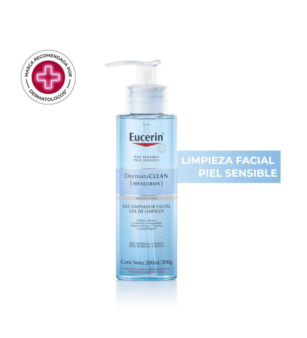 Eucerin Dermatoclean gel de limpieza con ácido hialurónico, limpiador diario ideal para pieles normales a mixtas x 200 ml.
