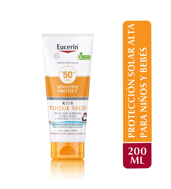 Eucerin sun protector solar factor 50 loción para niños, tecnología antimanchas tras el lavado de la prenda x 200 ml.