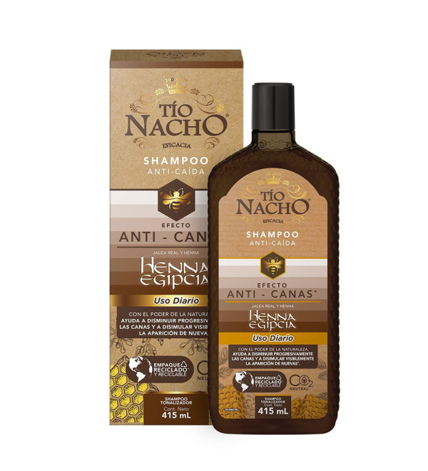 T io nacho shampoo anti canas henna egipcia, uso diario, ayuda a disminuir progresivamene las canas x 415ml.