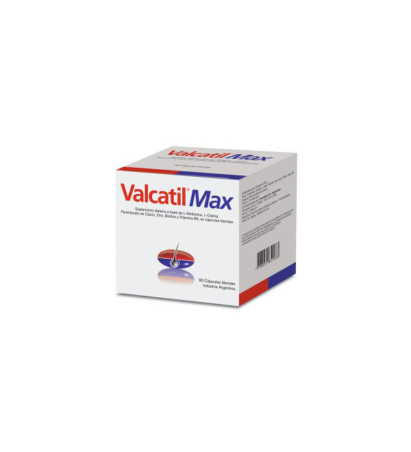Valcatil max ideal para caída del cabello, alopecias, fragilidad capilar, uñas frágiles, escamosas x 30 cápsulas blandas.