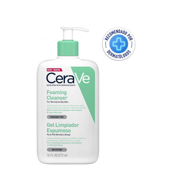 Cerave gel limpiador espumoso, deal para eliminar el exceso de grasa, suciedad y maquillaje x 473 ml.
