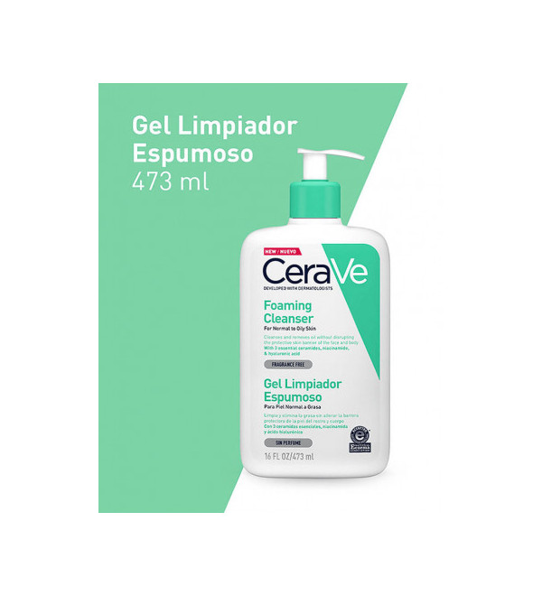 Cerave gel limpiador espumoso, deal para eliminar el exceso de grasa, suciedad y maquillaje x 473 ml.