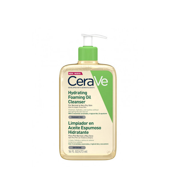 Cerave limpiador en aceite espumoso, limpia e hidrata la piel sin dejar sensación grasa x 473 ml.