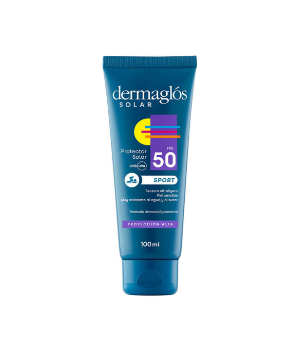 Dermaglós protector solar factor 50 Sport, textura ultraligera, muy resistente al agua y al sudor x 100 ml.