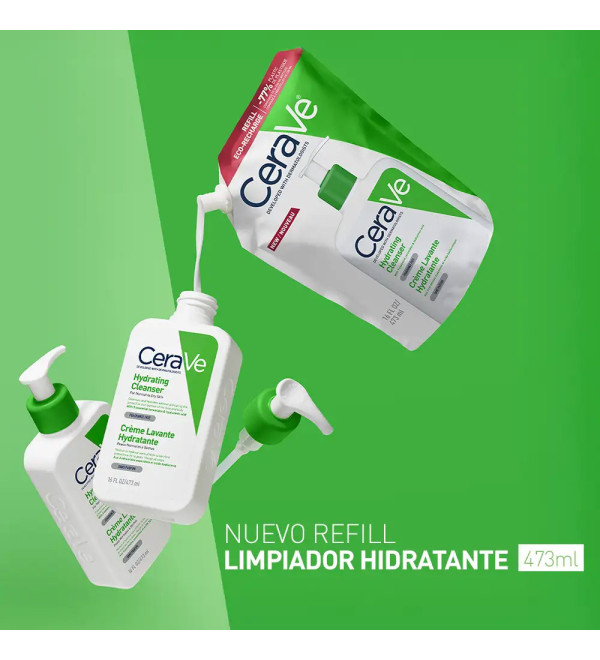 Cerave limpiador facial hidratante, sin alterar la barrera protectora natural de la piel, envase de repuesto x 473 ml.