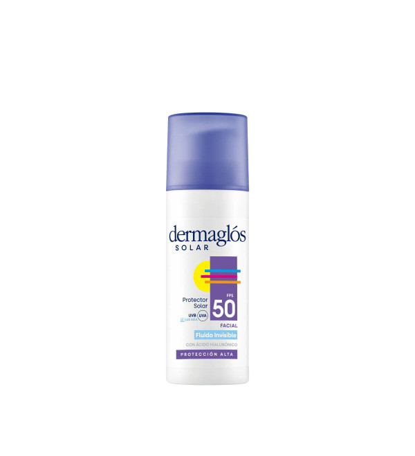 Dermaglós solar protector solar con factor 50 fluído facial, emulsión de textura ligera, acabado invisible y sedoso x 50 grs.