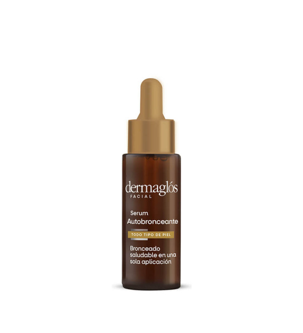 Dermaglós facial serum autobronceante, bronceado saludable, tono natural y luminoso, textura liviana y rápida absorción x 25 ml.