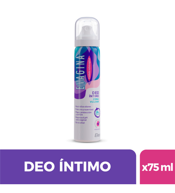 Evagina desodorante íntimo femenino, mayor protección y confort, neutraliza olores, respeta el ph x 75 ml.