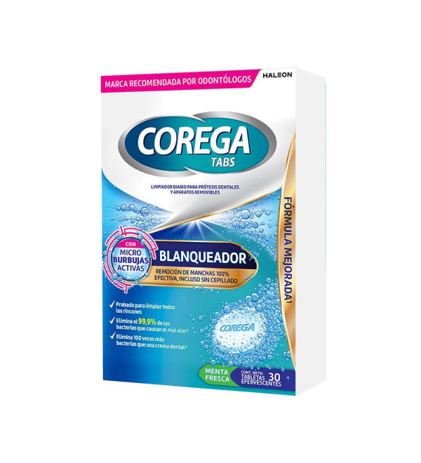 Corega tabs blanqueador, remoción de manchas, limpiador diario para prótesis dentales y aparatos removibles x 30 tabletas.