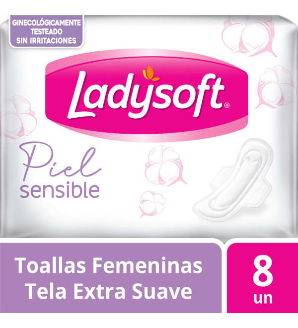 Ladysoft toallitas femeninas piel sensible, está especialmente desarrollada para no causar irritaciones x 8 unidades.