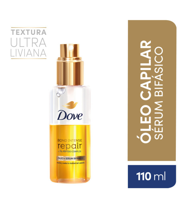 Dove Óleo + Sérum Bond Intense Repair, ofreciendo una nutrición profunda y realzando la vitalidad del cabello x 110 ml.