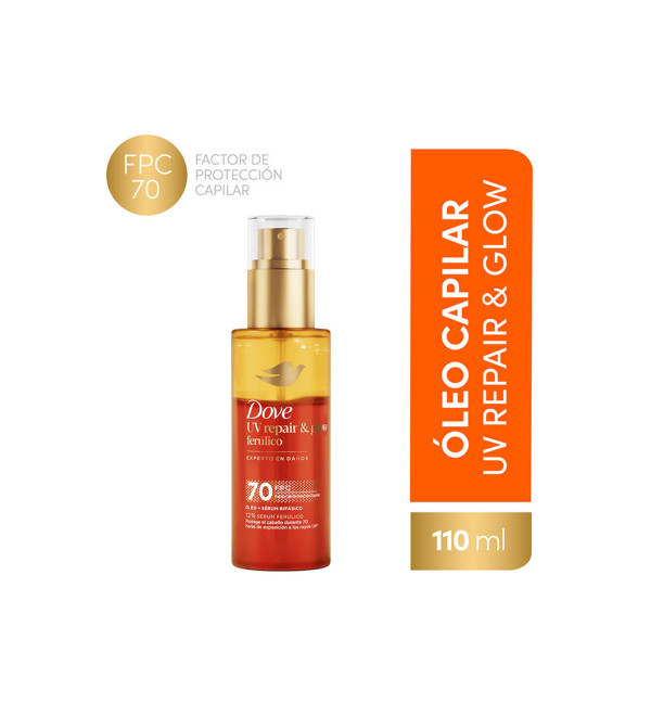 Dove Óleo + Sérum Bifásico Dove UV Repair & Glow, para cabellos dañados, repara los daños ocasionados por los rayos UV x 110 ml