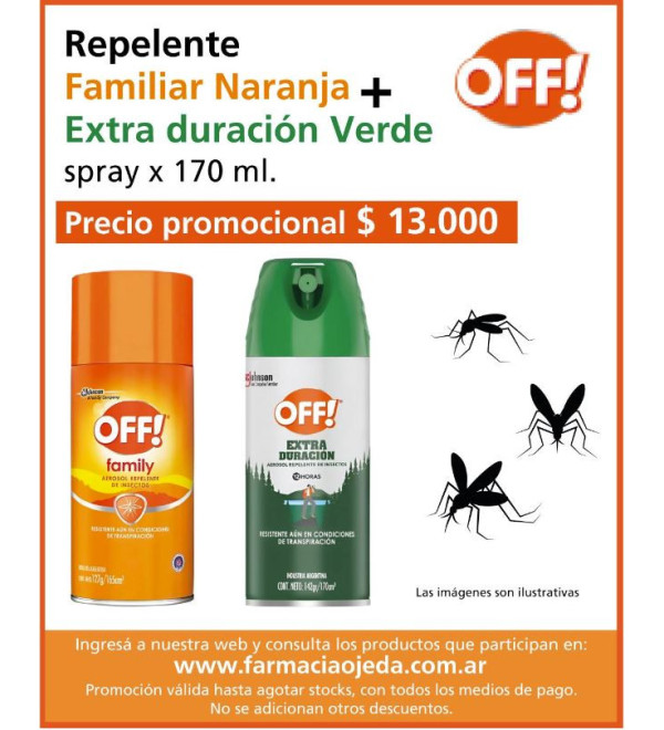 Off repelente familiar naranja + Extra duración verde spray x 170 ml.
